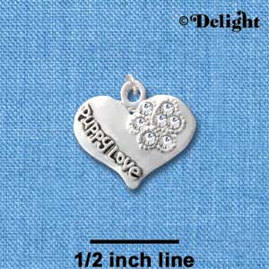 C2740 - Puppy Love Heart with Clear Stone Paw - Silver Charm