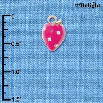 C4267+ tlf - Large Hot Pink Enamel Strawberry with Swarovski Crystals - Silver Plated Charm (2 per package)