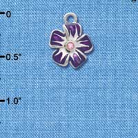 C3582 tlf - Purple and White Flower with Pink Swarovski Crystal - Silver Charm