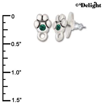 F1121 - Mini Silver Paw with Emerald Green Swarovski Crystal with Loop - Post Earrings (3 pair per package)